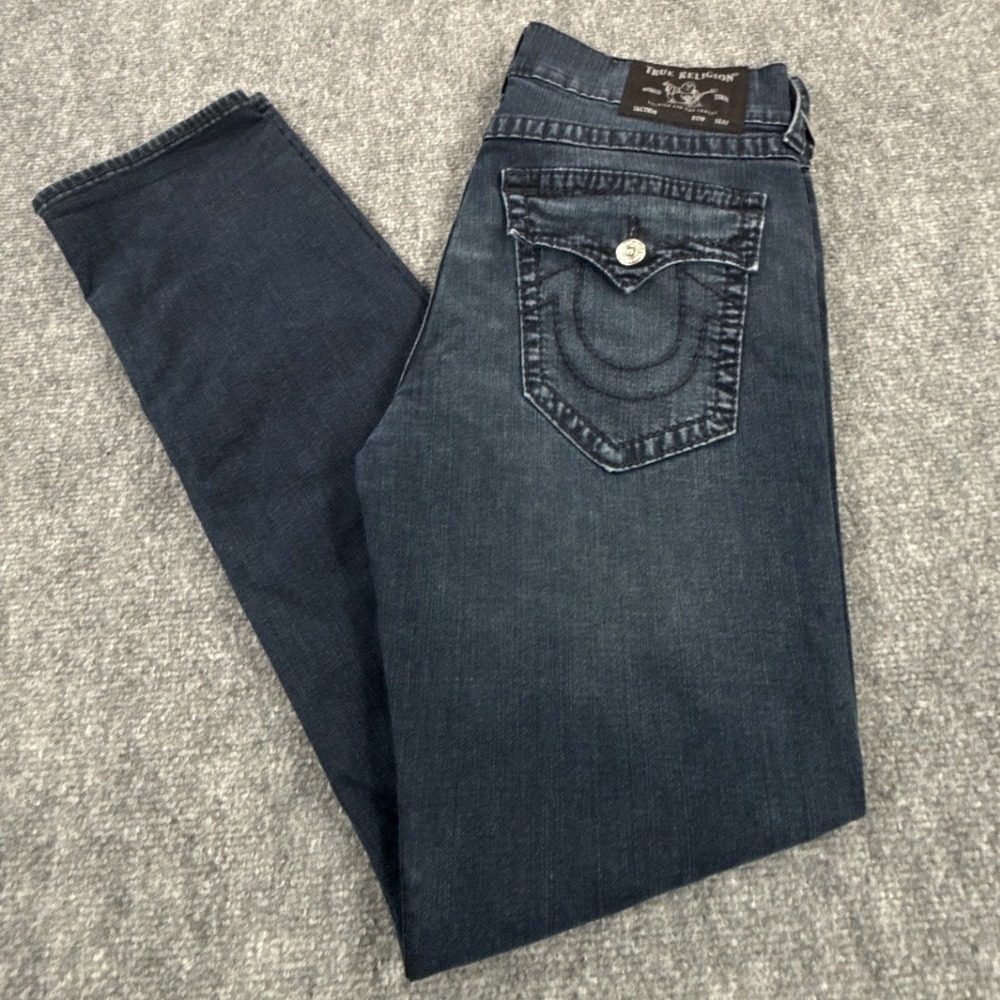 True Religion Geno Flap Big T Jeans Mens 34 Dark Blue Relaxed Slim Y2K Denim